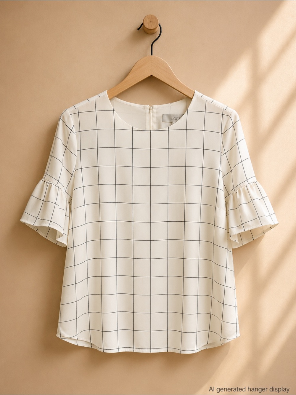 LOFT Women's Blouse in Cream and Black Check